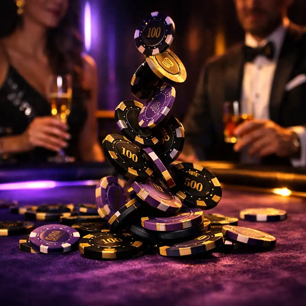 Ekskluzywna scena kasynowa w estetyce midnight luxury z obsydianowym tłem i neonowymi fioletami