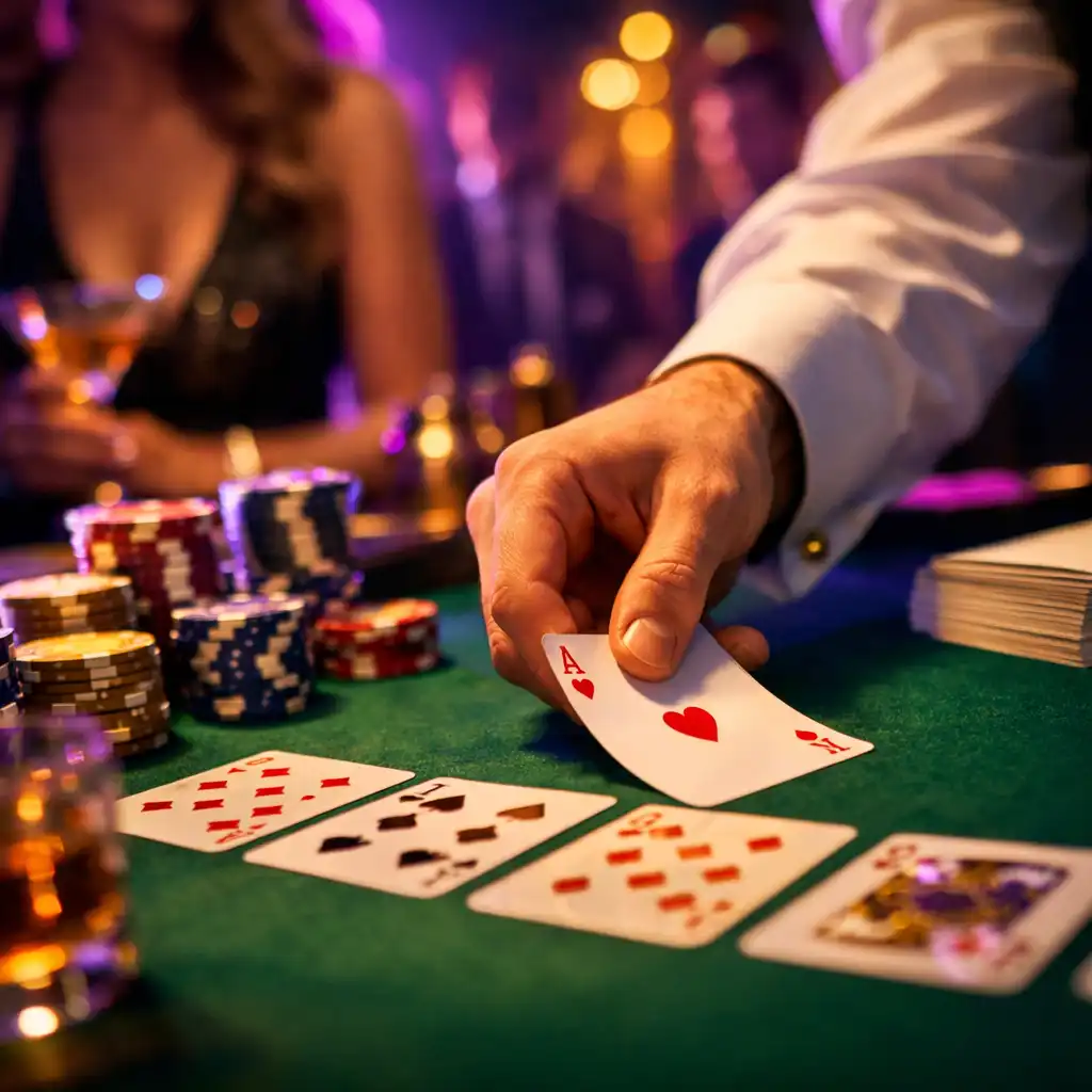 Profesjonalny krupier prowadzący rozgrywkę przy stole do blackjacka