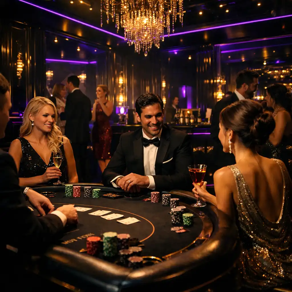 Kinowa scena nocnego klubu VIP z eleganckim stołem do gry casino, neonowym fioletem i złotymi akcentami