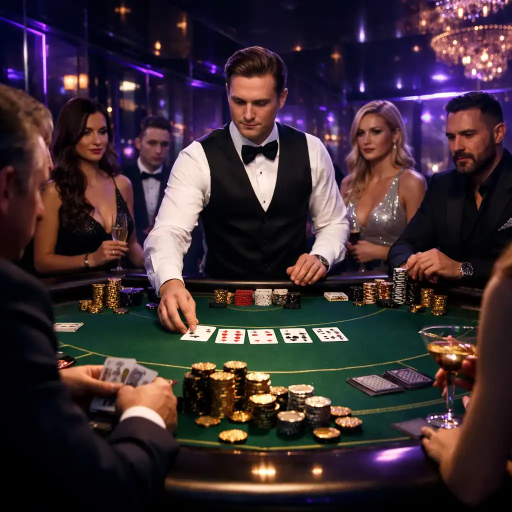 Elegancka aranżacja stołów casino podczas ekskluzywnego eventu tematycznego