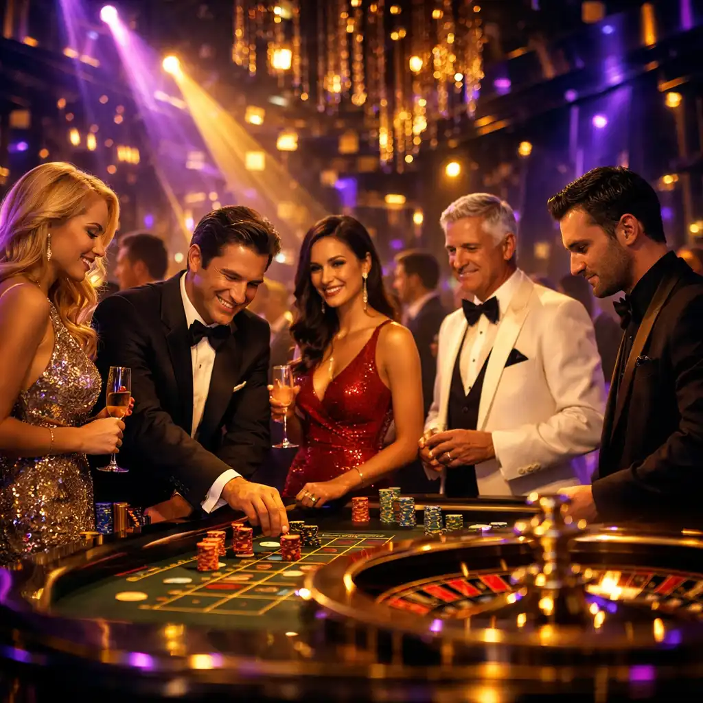 Goście przy stołach pokerowych w neonowym świetle podczas eventu premium