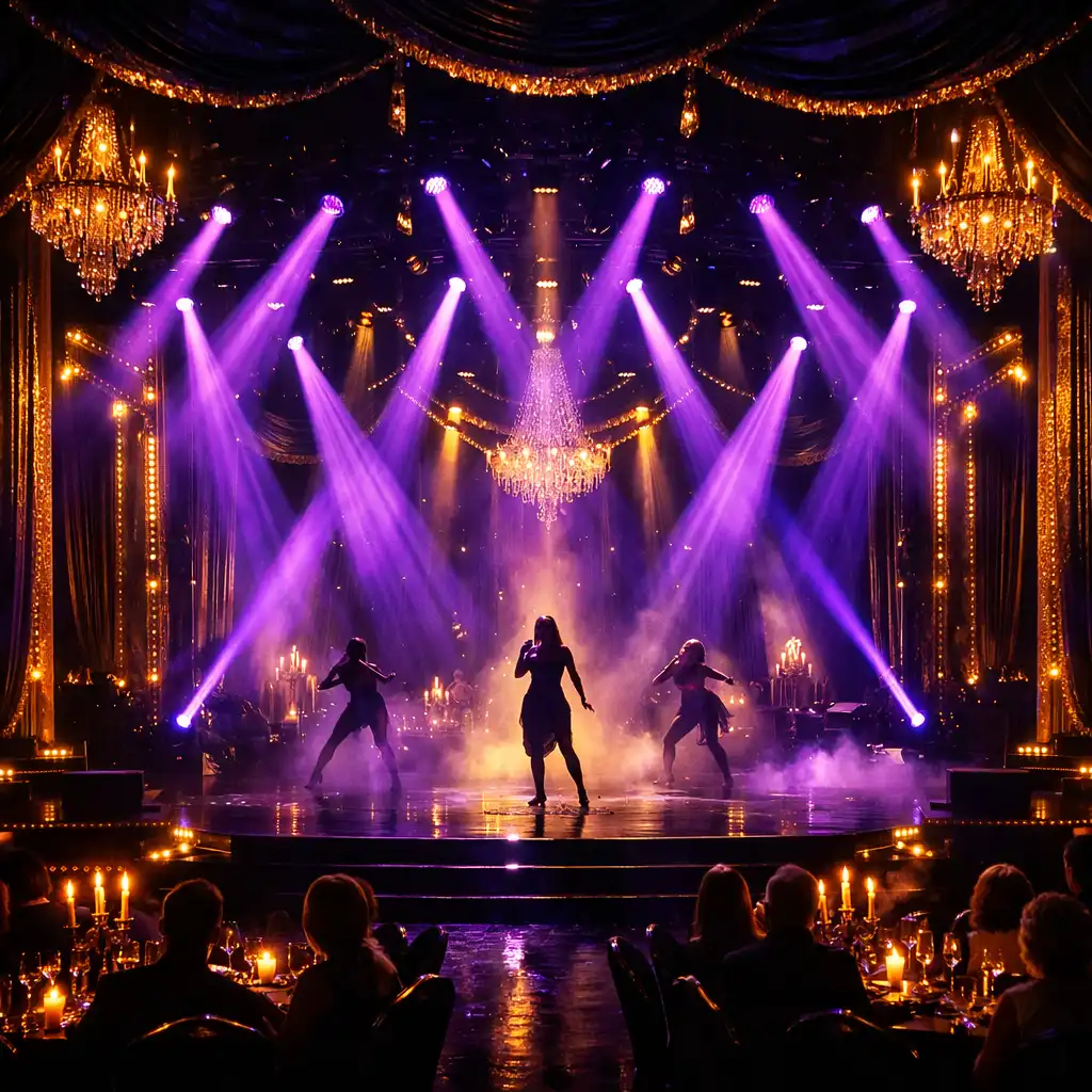 Spektakularne oświetlenie sceniczne w fioletowo-złotej palecie podczas show