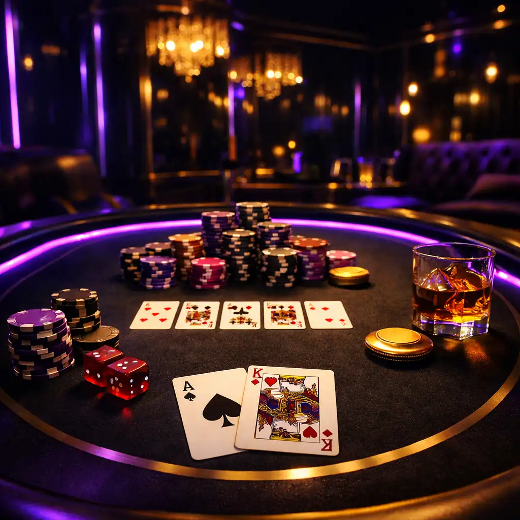 Elegancki stół pokerowy w neonowym świetle podczas ekskluzywnego eventu VIP