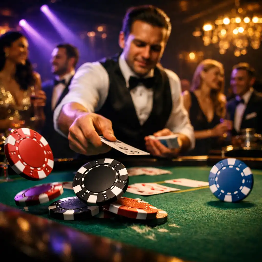 Ekskluzywny event casino night z żetonami, kartami i gośćmi w neonowym fiolecie