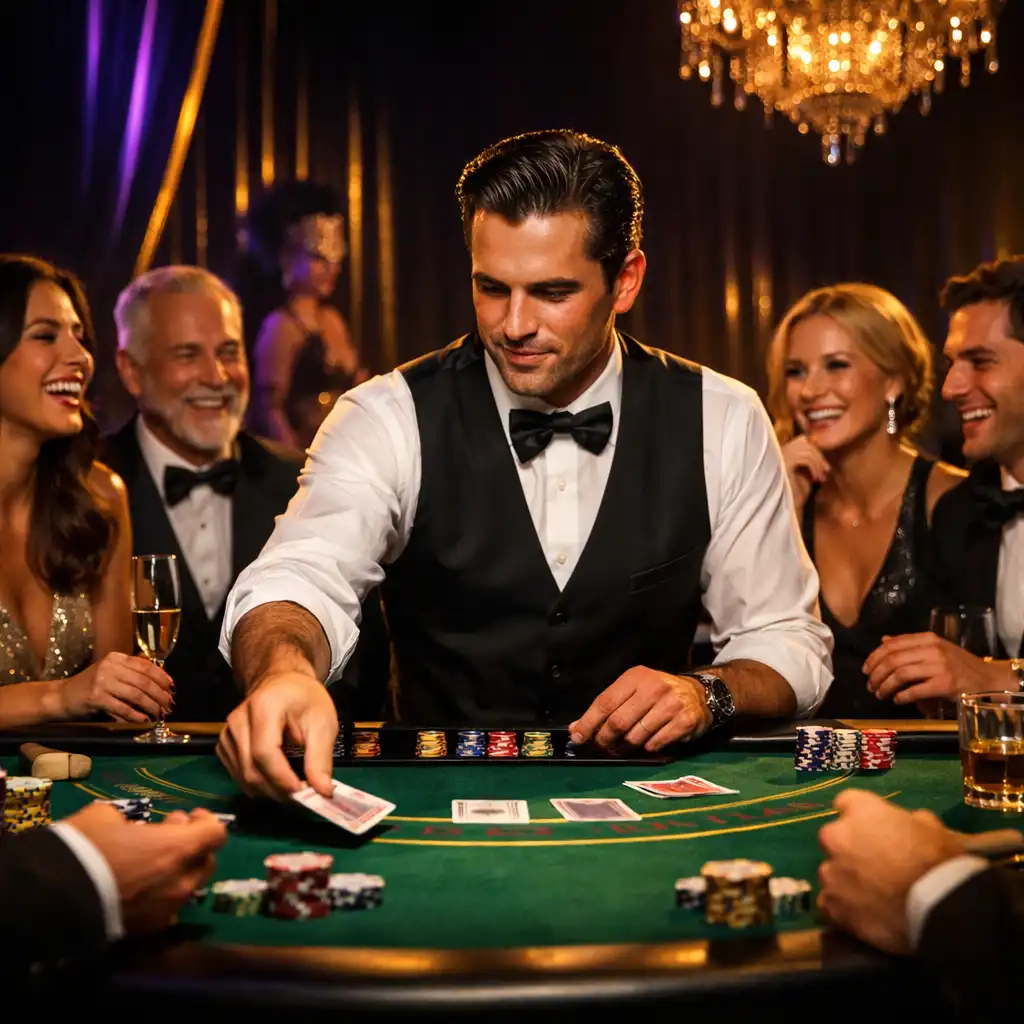 Cinematiczne casino show z neonowym oświetleniem i stołami pokerowymi