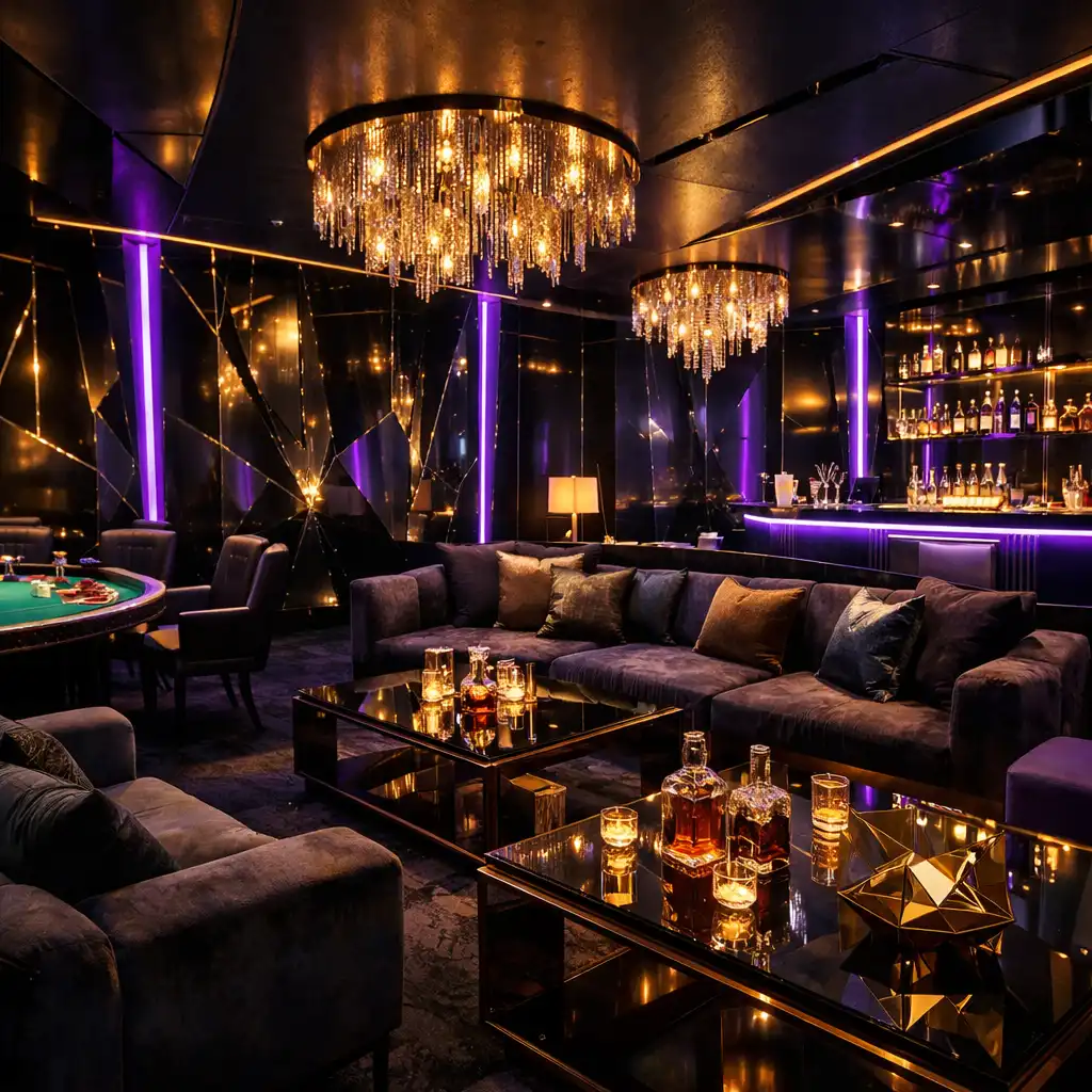 Neonowo oświetlona przestrzeń eventowa w stylu VIP lounge